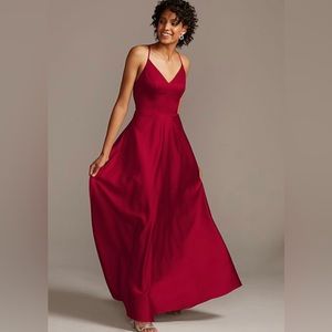David’s Bridal spaghetti strap satin a-line long bridesmaid dress